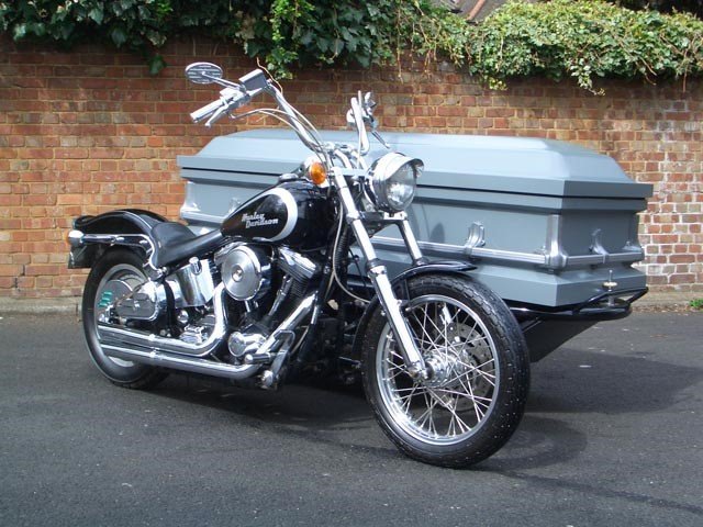 Green's Harley hearse with open deck