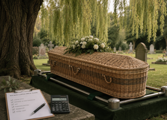 Natural handwoven wicker coffin for burial or cremation