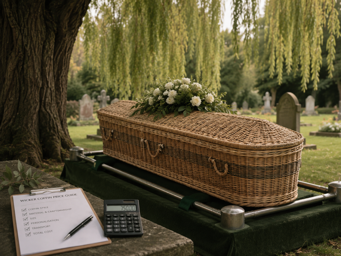 Natural handwoven wicker coffin for burial or cremation
