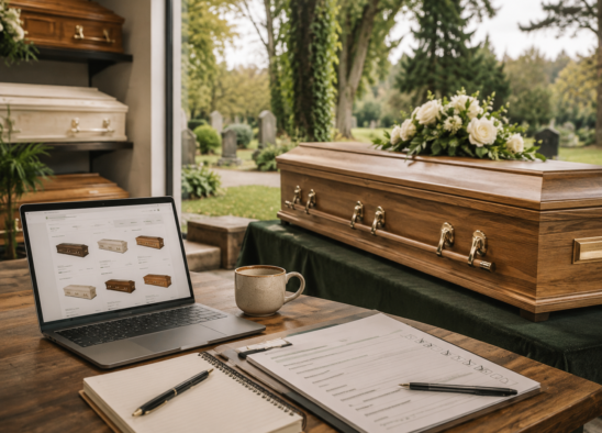 Person comparing coffins online beside a wooden coffin in a funeral showroom.