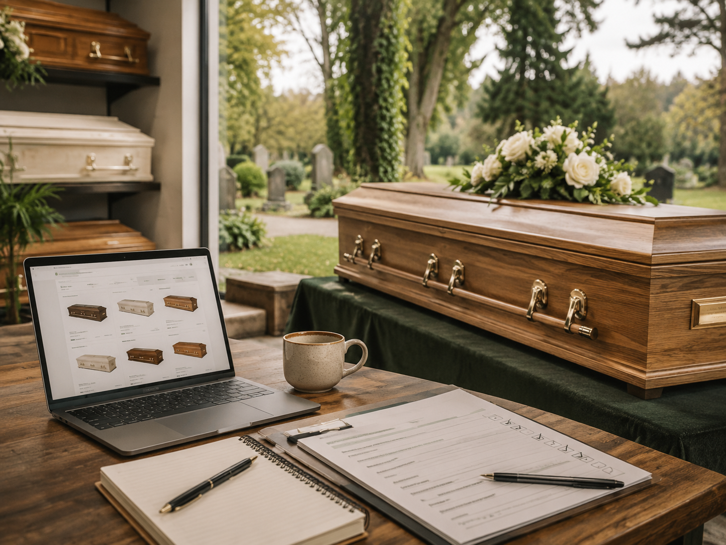 Person comparing coffins online beside a wooden coffin in a funeral showroom.