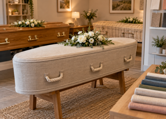 Decorative fabric coffin suitable for a personalised funeral in the UK