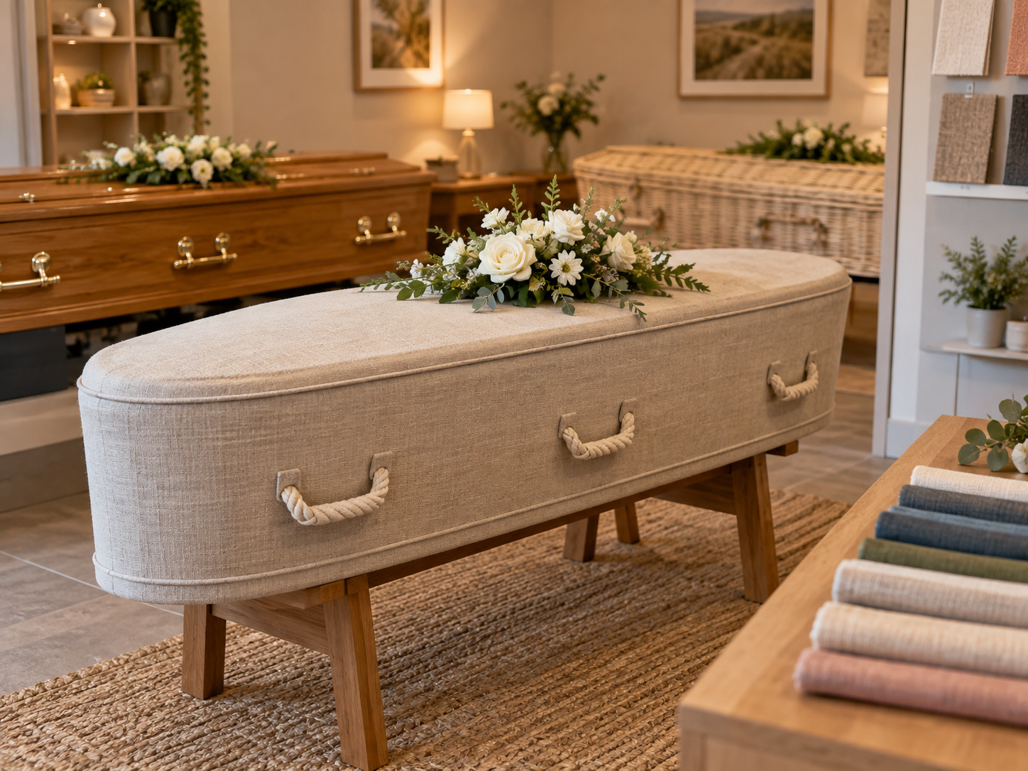 Decorative fabric coffin suitable for a personalised funeral in the UK