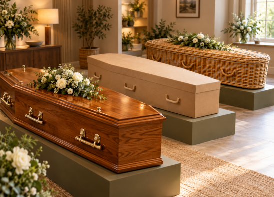 Comparison of different coffin types including wood cardboard and natural woven styles