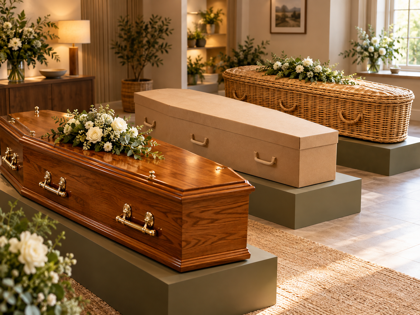 Comparison of different coffin types including wood cardboard and natural woven styles