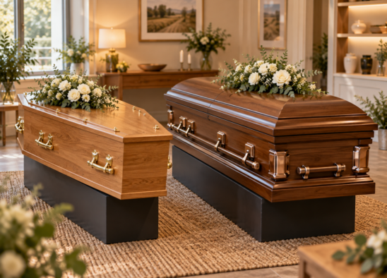 Side by side comparison of a traditional UK coffin and an American style casket