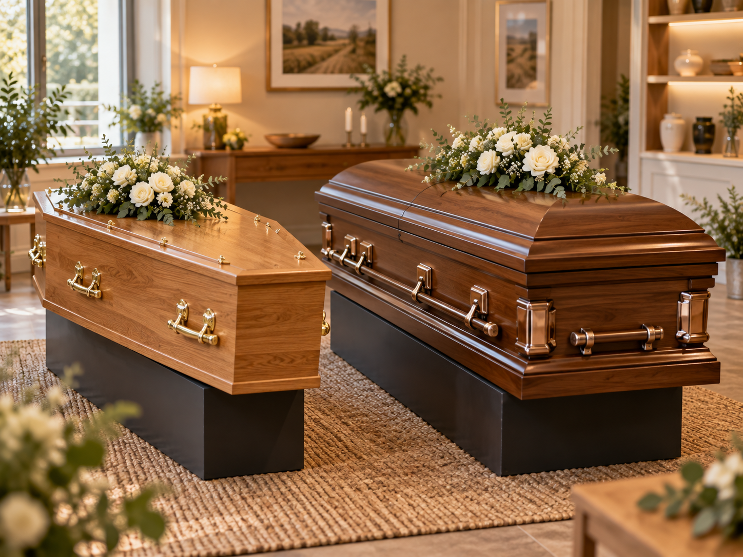 Side by side comparison of a traditional UK coffin and an American style casket