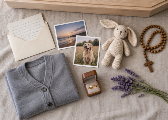 Personal items for a coffin laid on linen: a letter, photographs, a knitted toy, prayer beads, a cardigan and a wedding ring